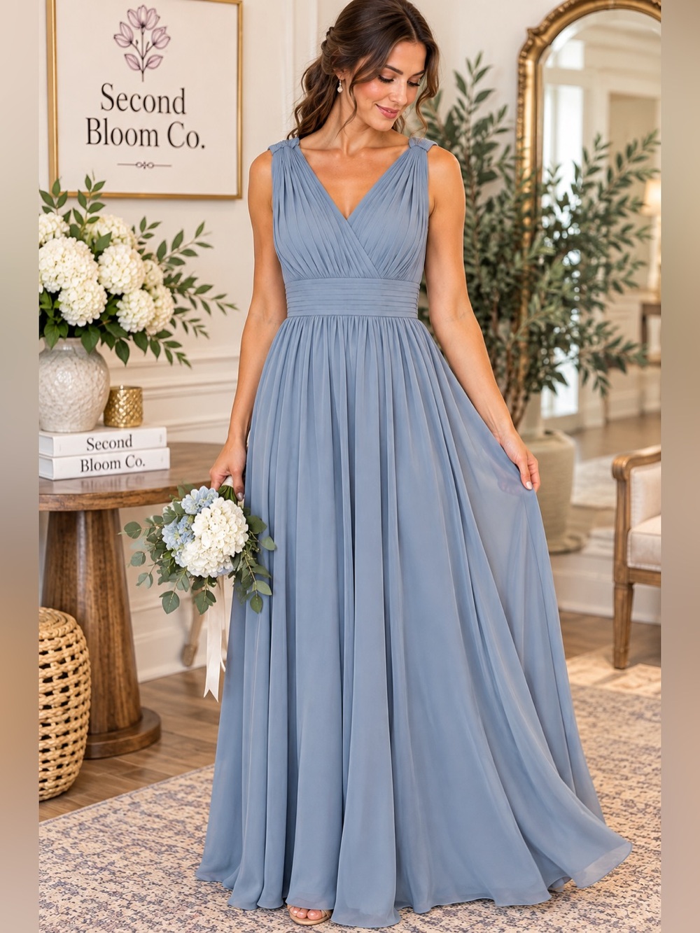 NWT Dusty Blue/Gray Chiffon Pleated Formal Bridesmaid Dress Size 8